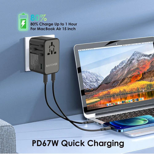 RAVPower RP-PC1043 GaN 75W Universal Travel Charger 4-Port - شاحن السفر العالمي راف باور GaN قدرة 75 واط، 4 منافذ