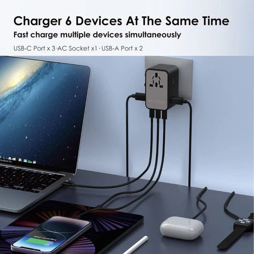 RAVPower RP-PC1043 GaN 75W Universal Travel Charger 4-Port - شاحن السفر العالمي راف باور GaN قدرة 75 واط، 4 منافذ