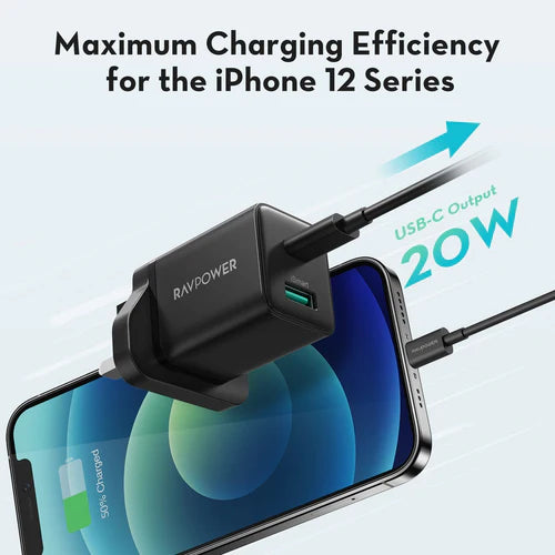 RAVPower RP-PC168 20W Dual Port Wall Charger USB-C & USB-A - شاحن راف باور بقوة 20 واط – منفذ تايب سي ومنفذ USB