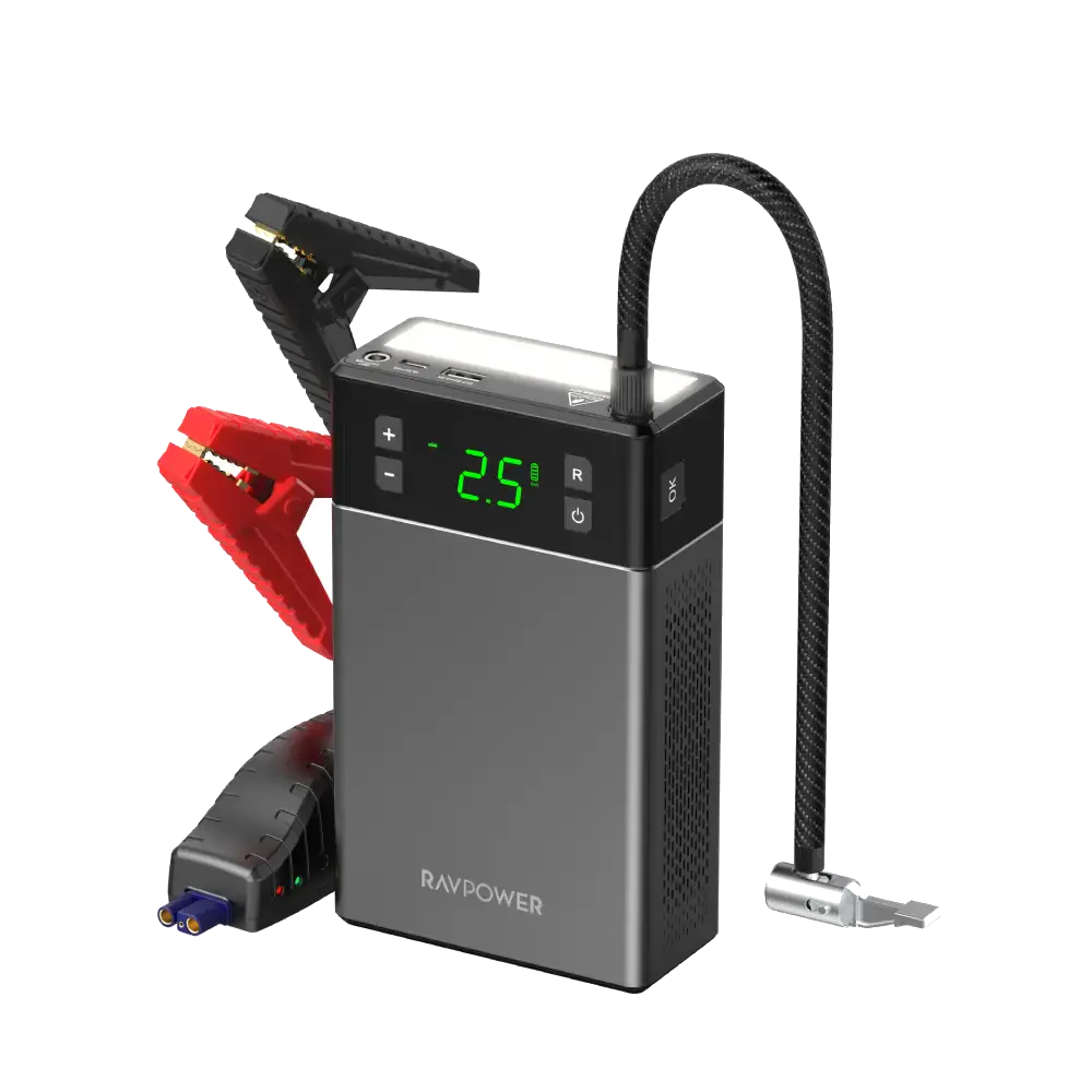 شاحن بطارية سيارة 12000 الف ملي امبير قدرة 800 امبير مع لايت عملاق ومنافذ شحن - RAVPower Jump Starter With Air Compressor 12000mAh