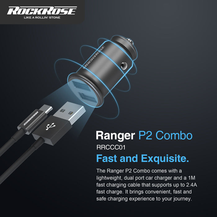 RockRose Ranger P2 + Zeta AC Dual Port 12W Max Fast Charging Car Charger - روك روز رينجر بي 2 زيتا أي سي شاحن سيارة ثنائي المنافذ 12 وات للشحن السريع