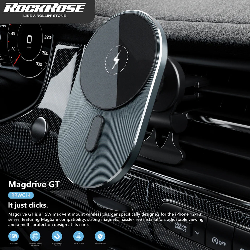 Rockrose 15W Wireless Magnetic Car Charger Magdrive - شاحن سيارة مغناطيسي لاسلكي روك روز بقدرة 15 واط