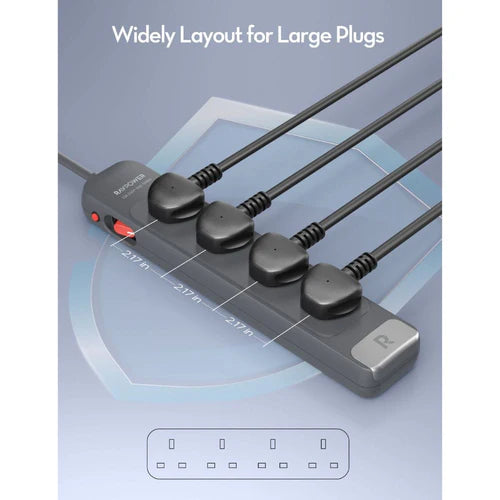 RAVPower PC1067 4 AC Outlets Power Strip 2990W Max 1.5M Extension Cord - راف باور مشترك كهرباء بـ 4 منافذ تيار متردد بقدرة 2990 واط سلك بطول 1.5 متر