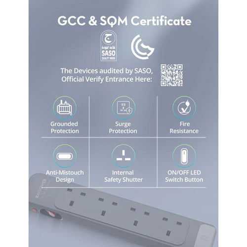 RAVPower PC1067 4 AC Outlets Power Strip 2990W Max 1.5M Extension Cord - راف باور مشترك كهرباء بـ 4 منافذ تيار متردد بقدرة 2990 واط سلك بطول 1.5 متر
