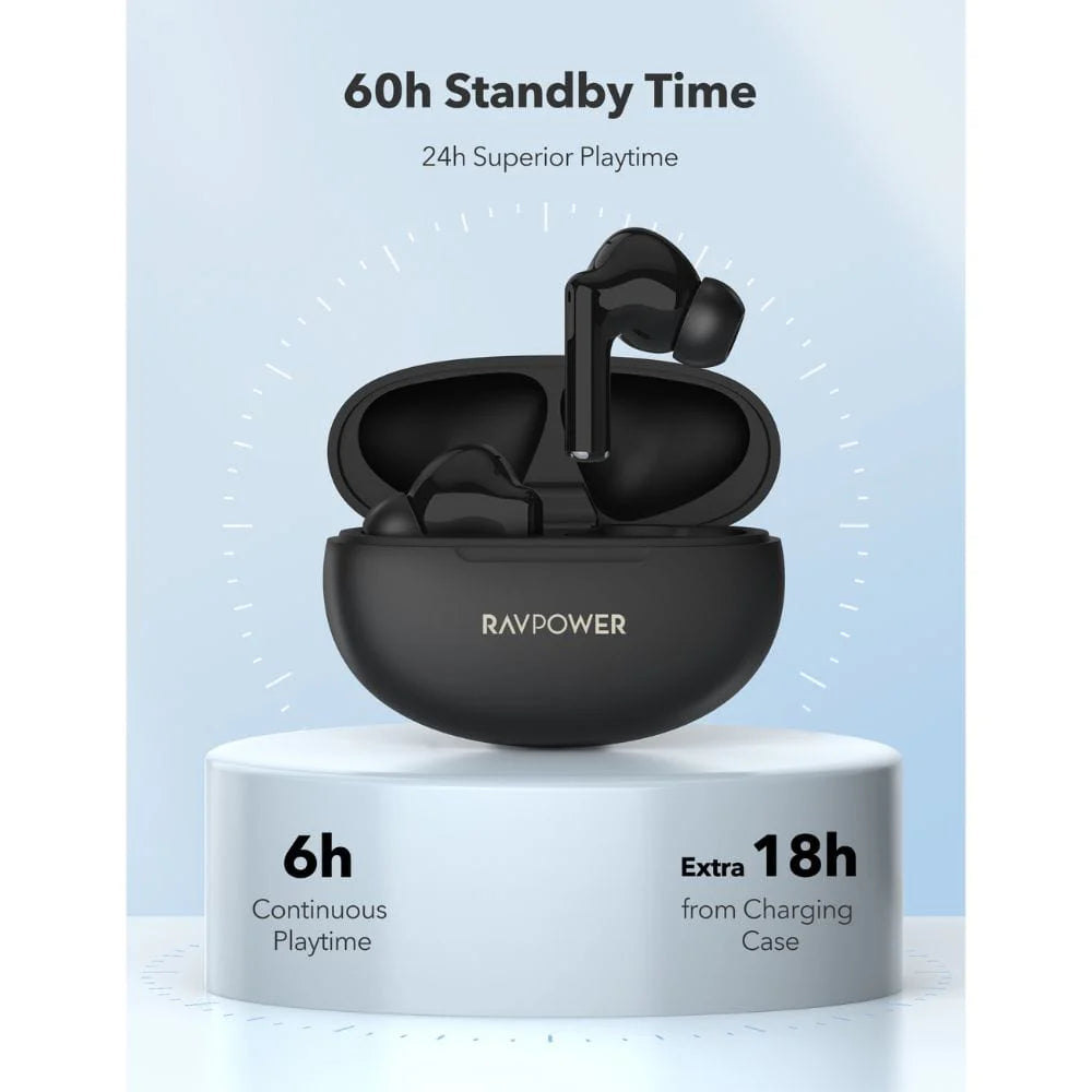 سماعات راف باور BH1018 اللاسلكية بوقت تشغيل حتى 24 ساعة - اسود | RAVPower BH1018 Studio True Wireless Bluetooth Earbuds, Up to 24H Playtime – Black