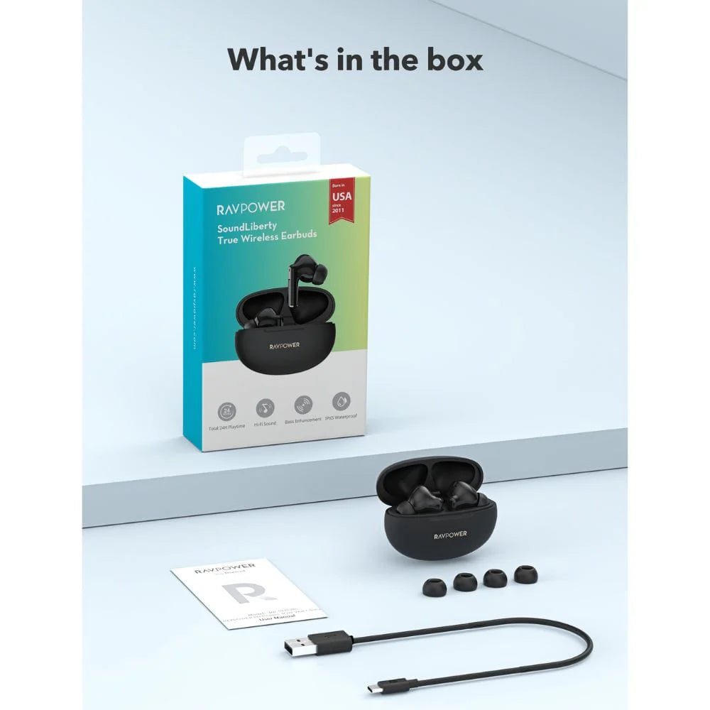 سماعات راف باور BH1018 اللاسلكية بوقت تشغيل حتى 24 ساعة - اسود | RAVPower BH1018 Studio True Wireless Bluetooth Earbuds, Up to 24H Playtime – Black
