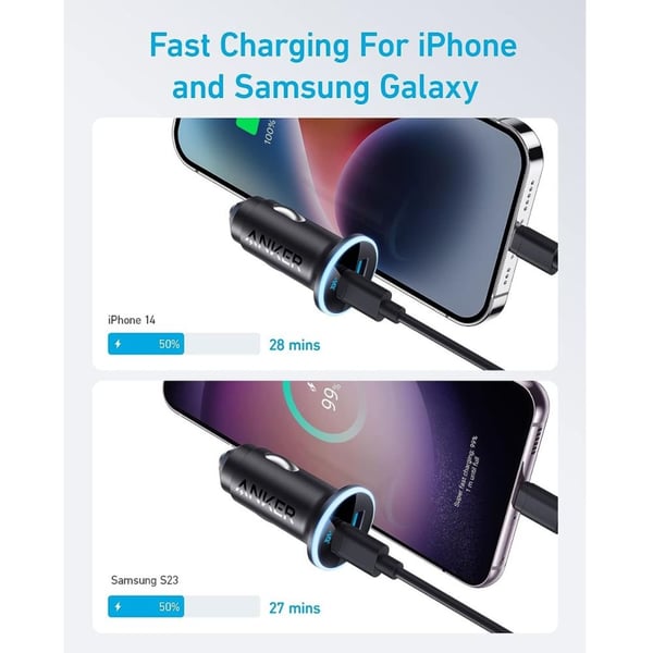 Anker 323 Car Charger 52.5W One USB-C Port and One USB-A Port - شاحن سيارة بقدرة 52.5 واط بمنفذ يو اس بي سي ومنفذ يو اس بي من أنكر