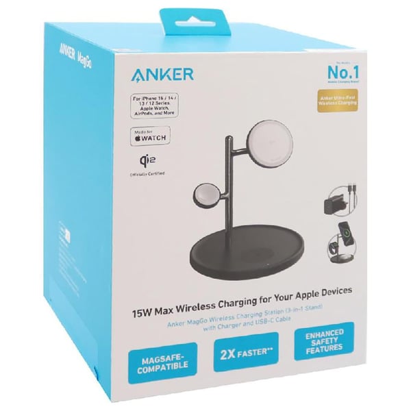 حامل شحن لاسلكي انكر ماج جو 3 في 1, بقدرة 15 واط, معتمد QI2 لشحن الايفون | Anker MagGo 15W 3-in-1 Charging Stand, Qi2 Certified Wireless Charger for iPhone