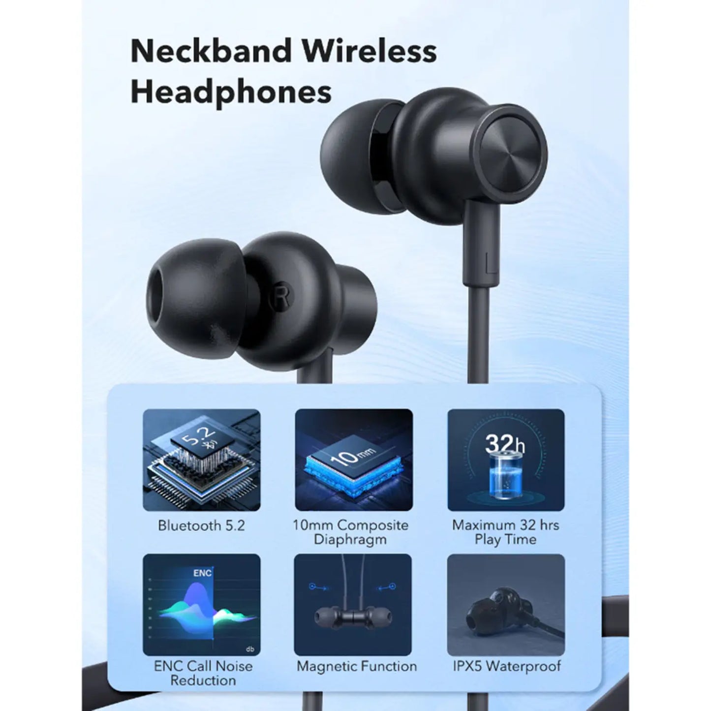 سماعات راف باور RP-BH1008 اللاسلكية حول الرقبة - اسود | RAVPower RP-BH1008 Wireless Neckband Earbuds – Black
