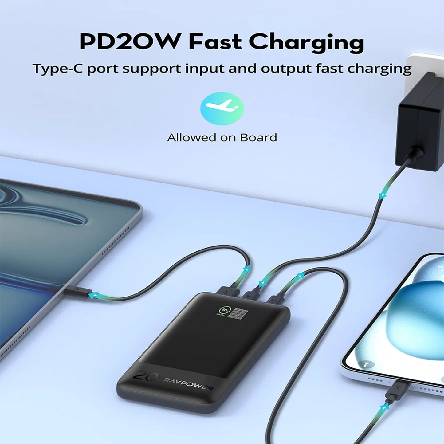 باور بانك راف باور PB1237 بسعة 10,000 مللي امبير وبقدرة شحن سريع 20 واط - اسود | RAVPOWER PB1237 20W 10000mAh Power Bank – Black