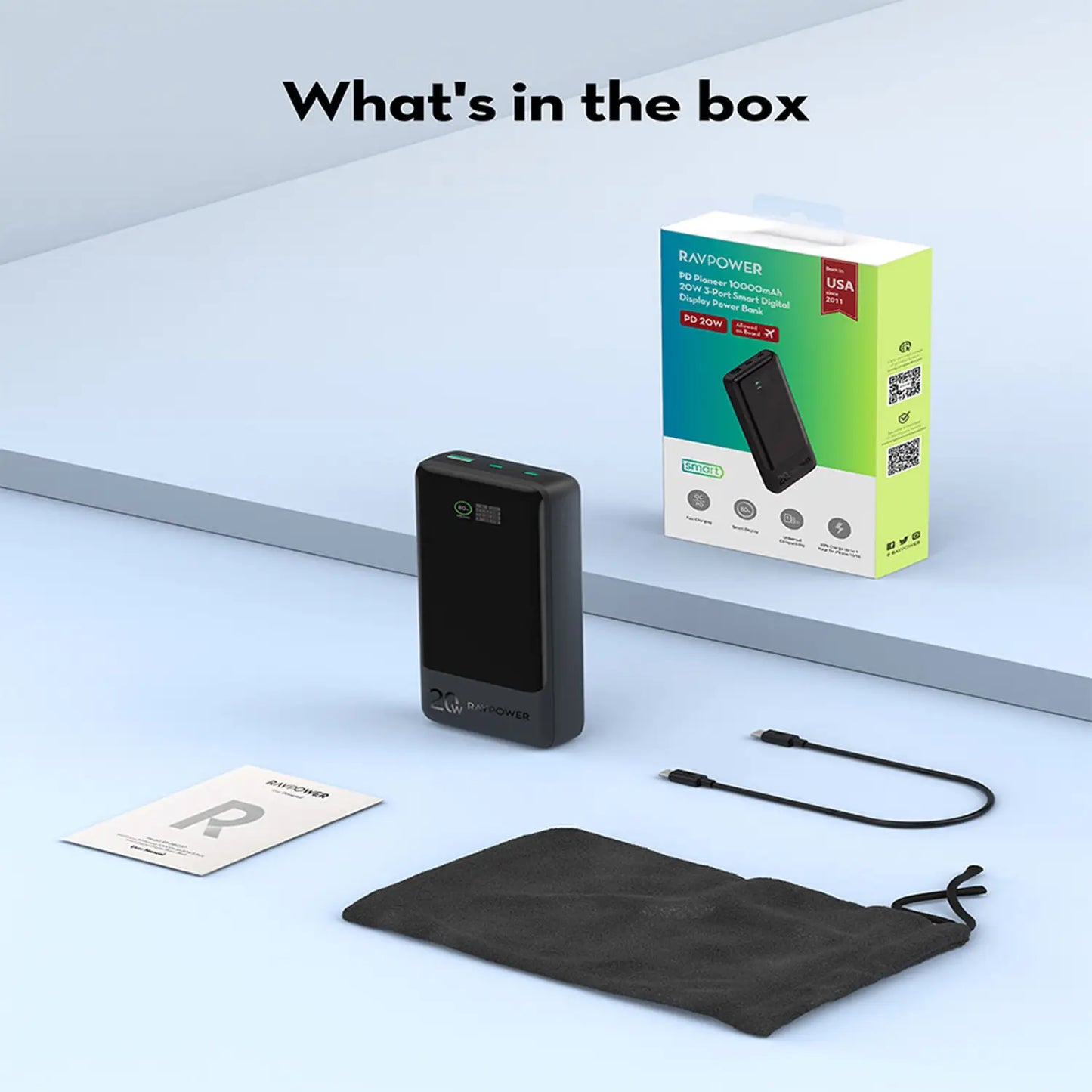 باور بانك راف باور PB1237 بسعة 10,000 مللي امبير وبقدرة شحن سريع 20 واط - اسود | RAVPOWER PB1237 20W 10000mAh Power Bank – Black