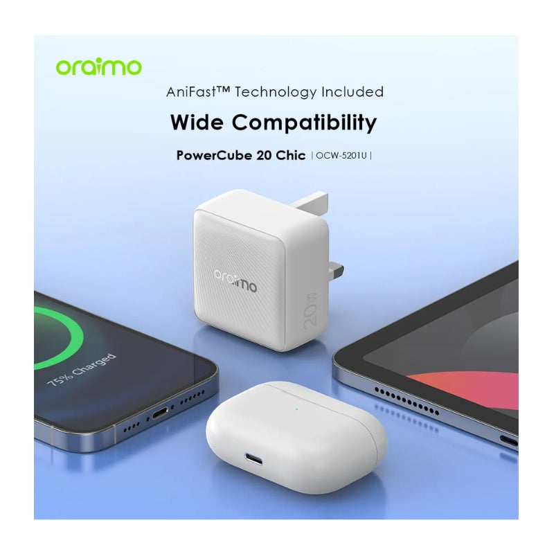 Oraimo Charger kit UK OCW-5201U+CC54 V1 Black - شاحن أورايمو سريع 20 واط مع كيبل – أسود