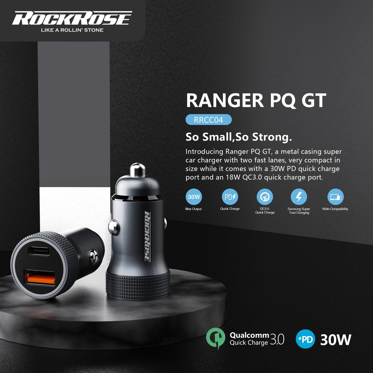 RockRose Ranger PQ GT 30W PD & QC 3.0 Dual Port Car Phone Charger Adapter - روك روز رينجر بي كيو جي تي شاحن سيارة ثنائي المنافذ 30 واط ماكس كيو سي 3.0
