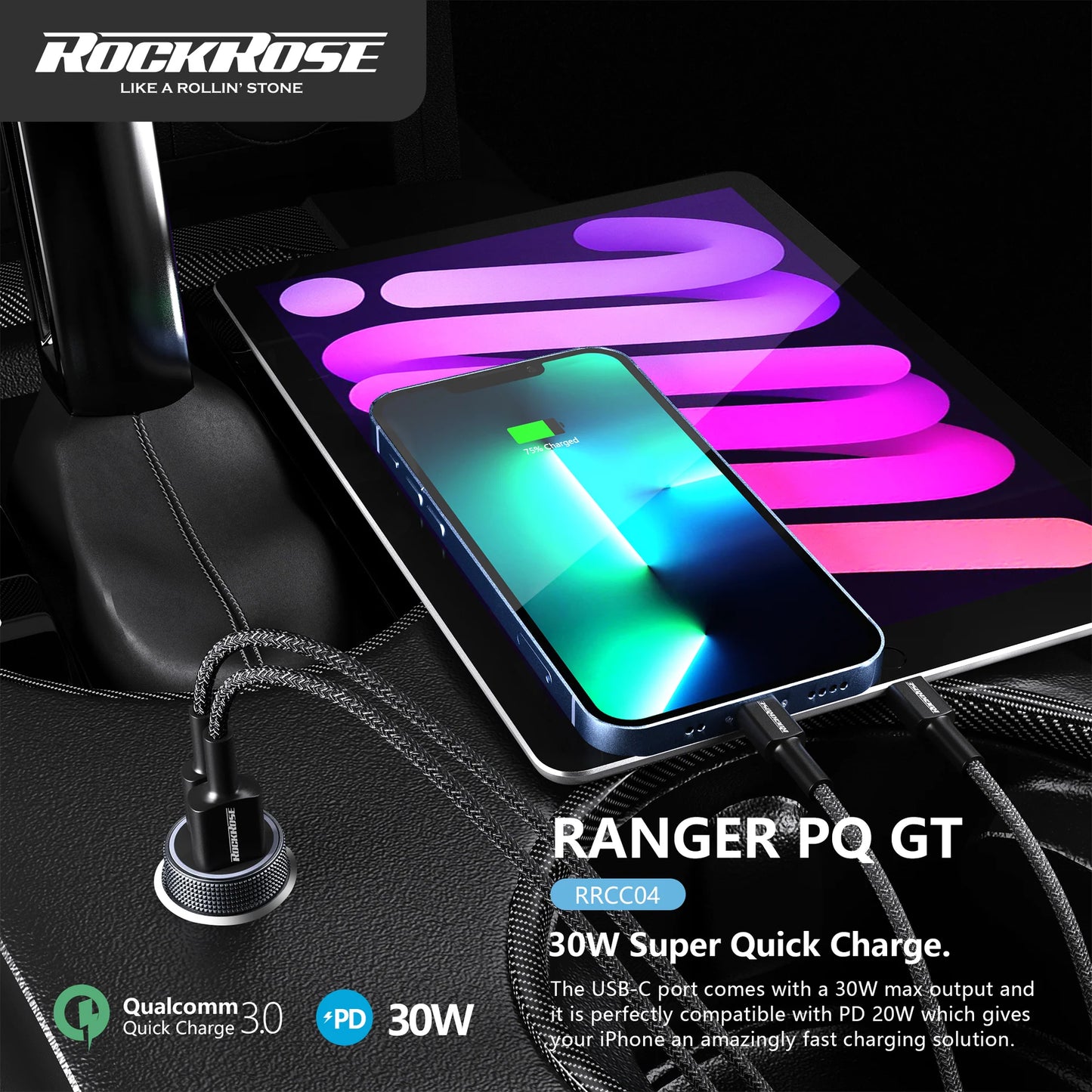 RockRose Ranger PQ GT 30W PD & QC 3.0 Dual Port Car Phone Charger Adapter - روك روز رينجر بي كيو جي تي شاحن سيارة ثنائي المنافذ 30 واط ماكس كيو سي 3.0