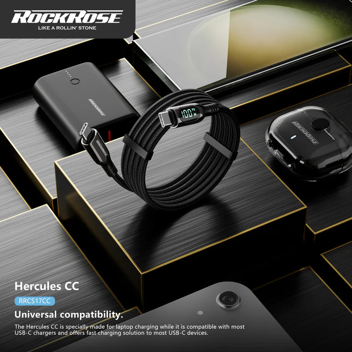RockRose Hercules 1.2m USB-C to USB-C Cable 100W PD Super Fast Charging - كيبل بطول 1.2 متر تايب سي الى تايب سي بقدرة 100واط من روك روز