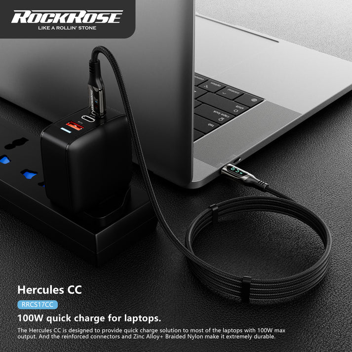 RockRose Hercules 1.2m USB-C to USB-C Cable 100W PD Super Fast Charging - كيبل بطول 1.2 متر تايب سي الى تايب سي بقدرة 100واط من روك روز