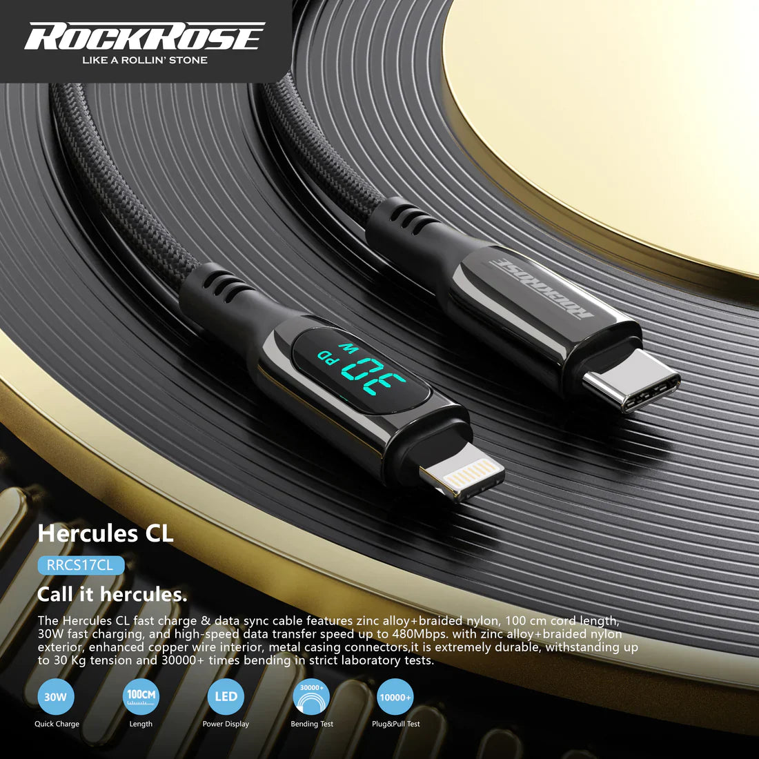 RockRose Hercules 1.2m USB-C to Lightning Cable 30W PD Fast Charging - كيبل بطول 1.2متر يو اس بي سي الى لايتننغ بقدرة 30 واط من روك روز