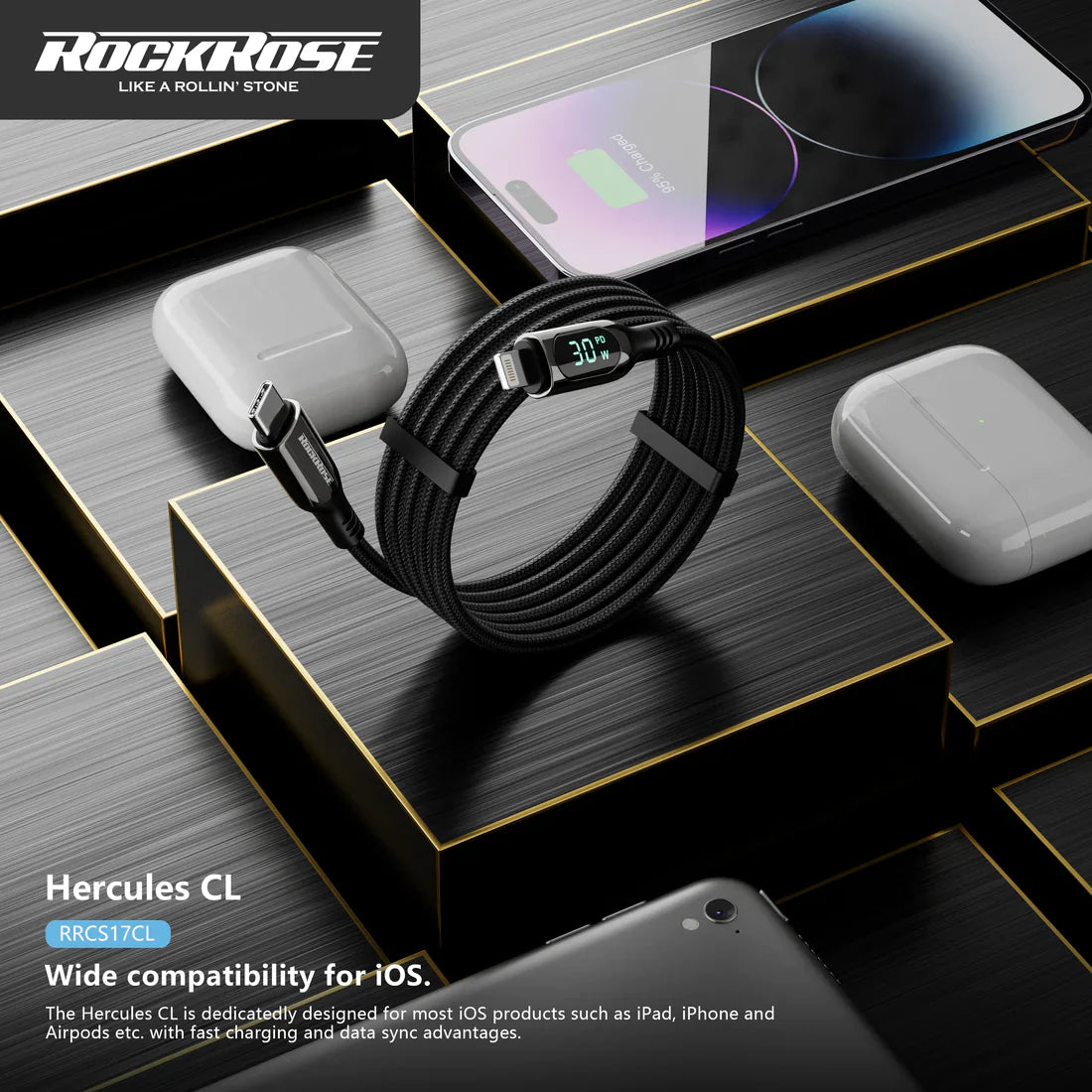 RockRose Hercules 1.2m USB-C to Lightning Cable 30W PD Fast Charging - كيبل بطول 1.2متر يو اس بي سي الى لايتننغ بقدرة 30 واط من روك روز