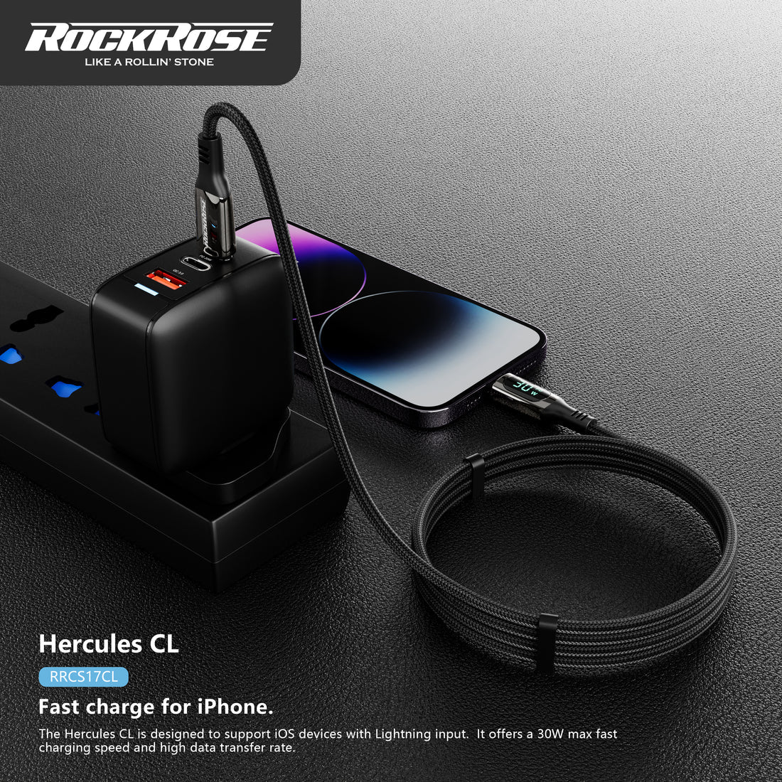 RockRose Hercules 1.2m USB-C to Lightning Cable 30W PD Fast Charging - كيبل بطول 1.2متر يو اس بي سي الى لايتننغ بقدرة 30 واط من روك روز