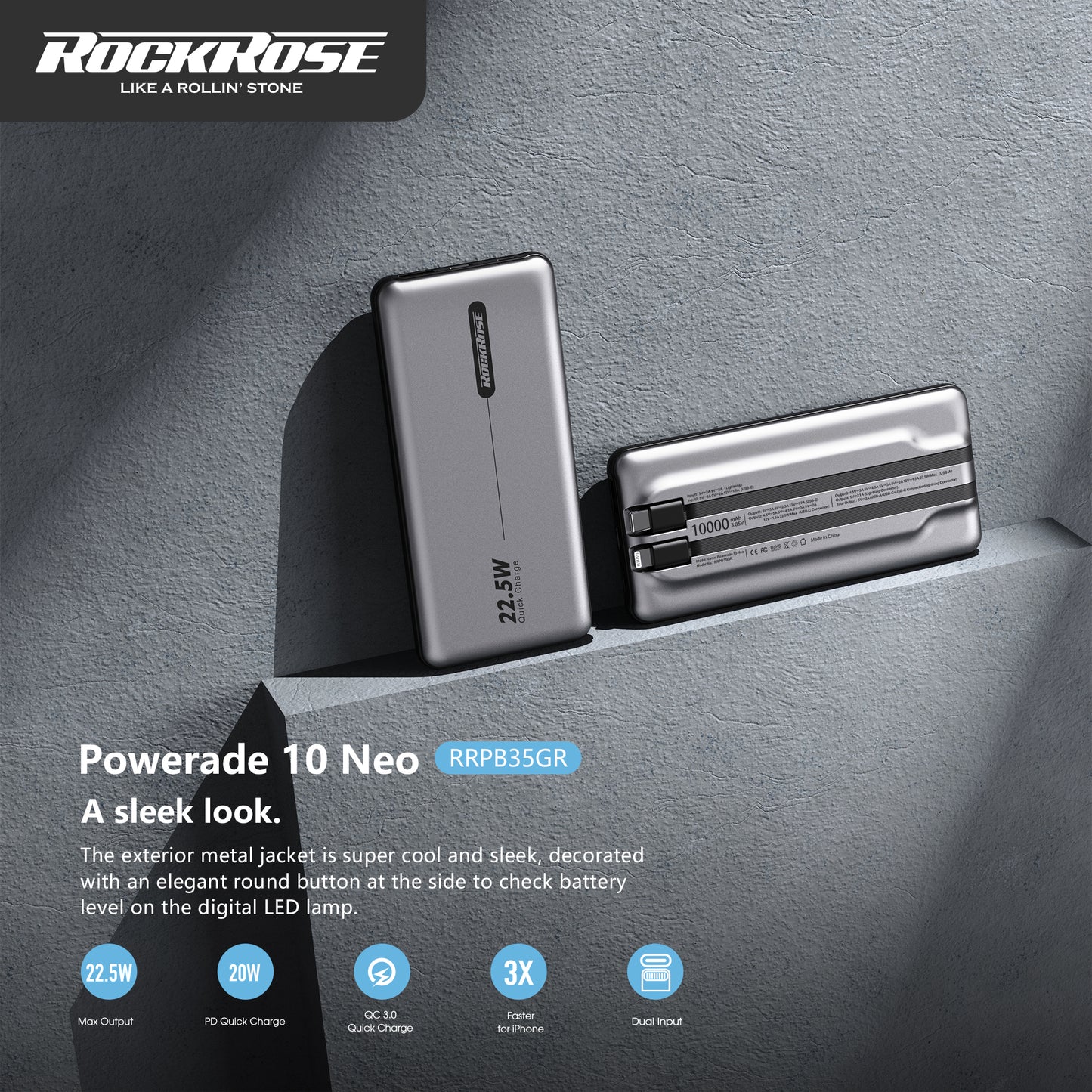 ROCKROSE POWERADE 10 NEO 10000mAh 22.5W Quick Charge Power Bank - باور بانك بسعة 10000ميلي أمبير بقدرة 22.5 واط من روك روز