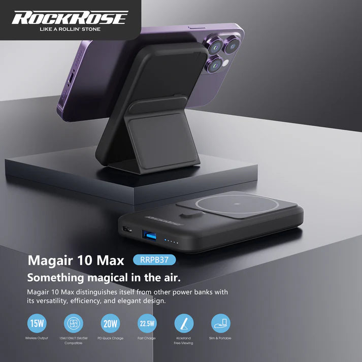 RockRose MAGAIR 10 MAX 10000mAh 15W Magnetic Wireless Power Bank - باور بانك الاسلكي بسعة 10الاف ميلي أمبير بقدرة 15 واط من روك روز