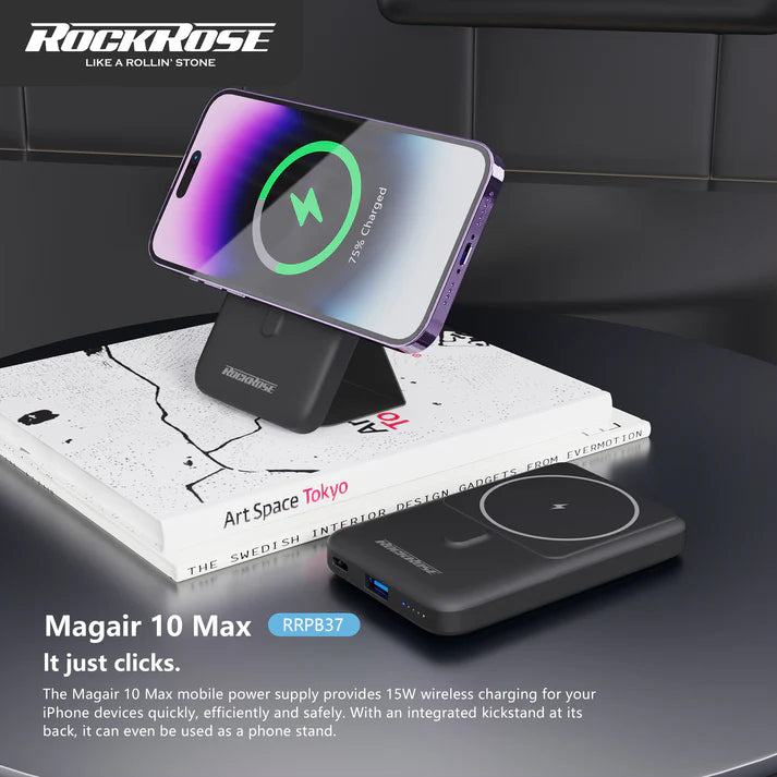 RockRose MAGAIR 10 MAX 10000mAh 15W Magnetic Wireless Power Bank - باور بانك الاسلكي بسعة 10الاف ميلي أمبير بقدرة 15 واط من روك روز