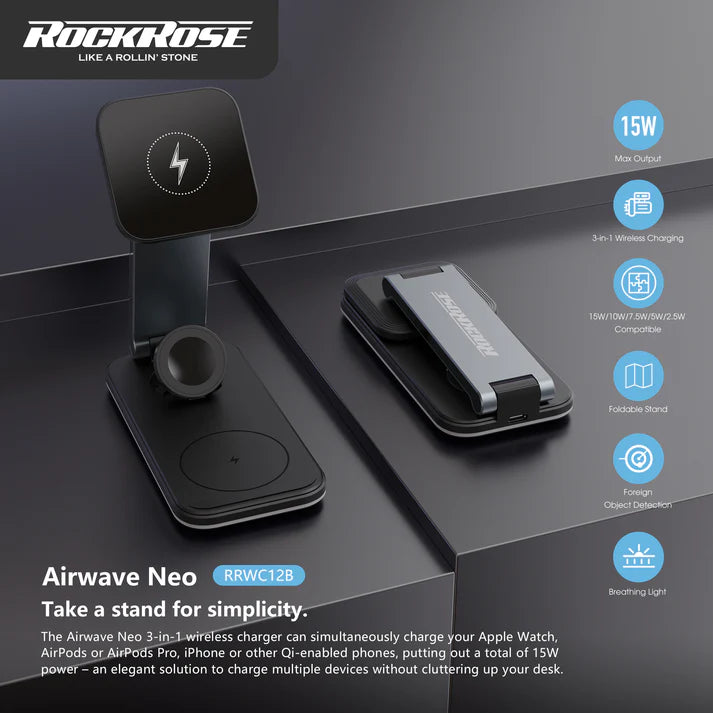 RockRose 3 in 1 Foldable Wireless MAGSAFE Charging Stand - حامل شحن ماجسيف لاسلكي قابل للطي 3 في 1 من روك روز