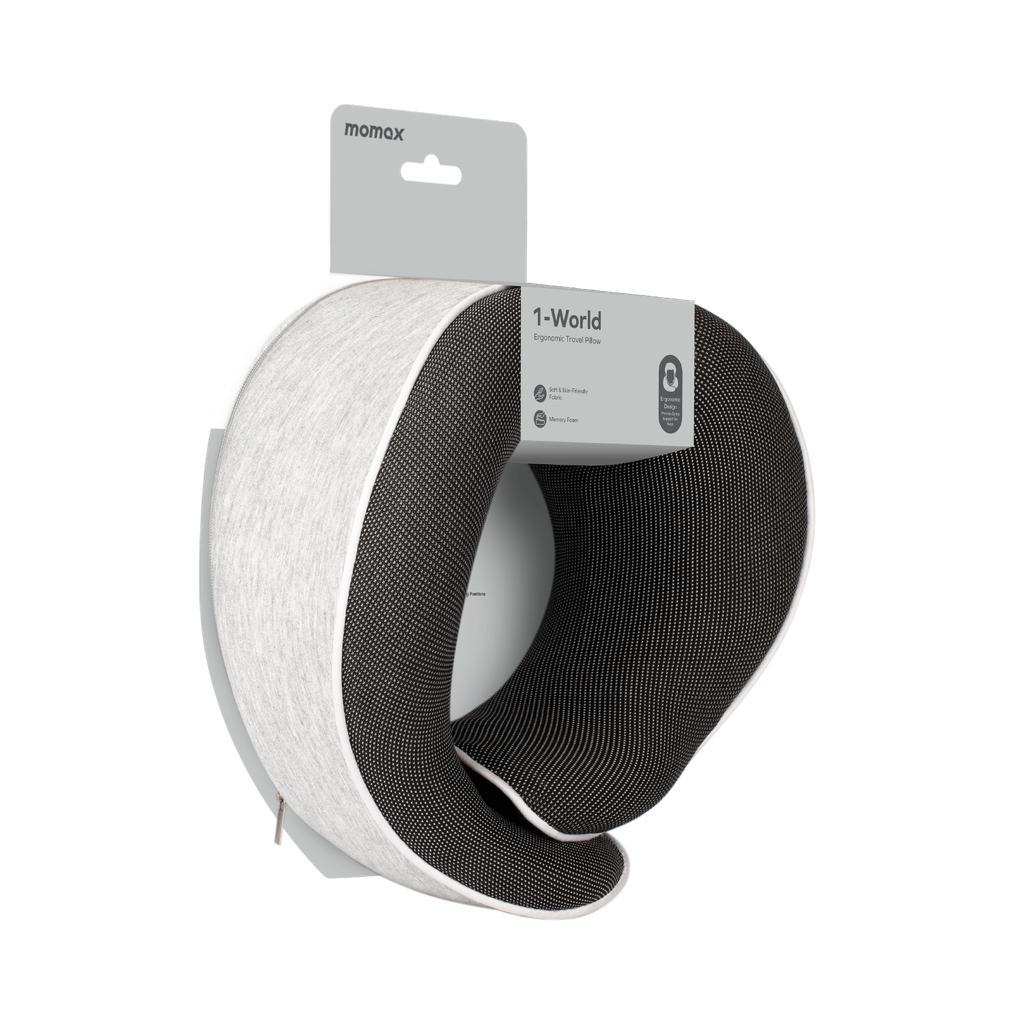 Momax World Ergonomic Travel Pillow | Neck Support for Airplane & Car - مخدة سفر مريحة من مورماكس - تصميم مريح للرقبة، مثالية للطائرة والسيارة