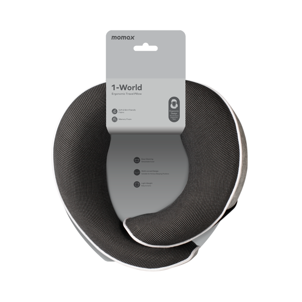 Momax World Ergonomic Travel Pillow | Neck Support for Airplane & Car - مخدة سفر مريحة من مورماكس - تصميم مريح للرقبة، مثالية للطائرة والسيارة