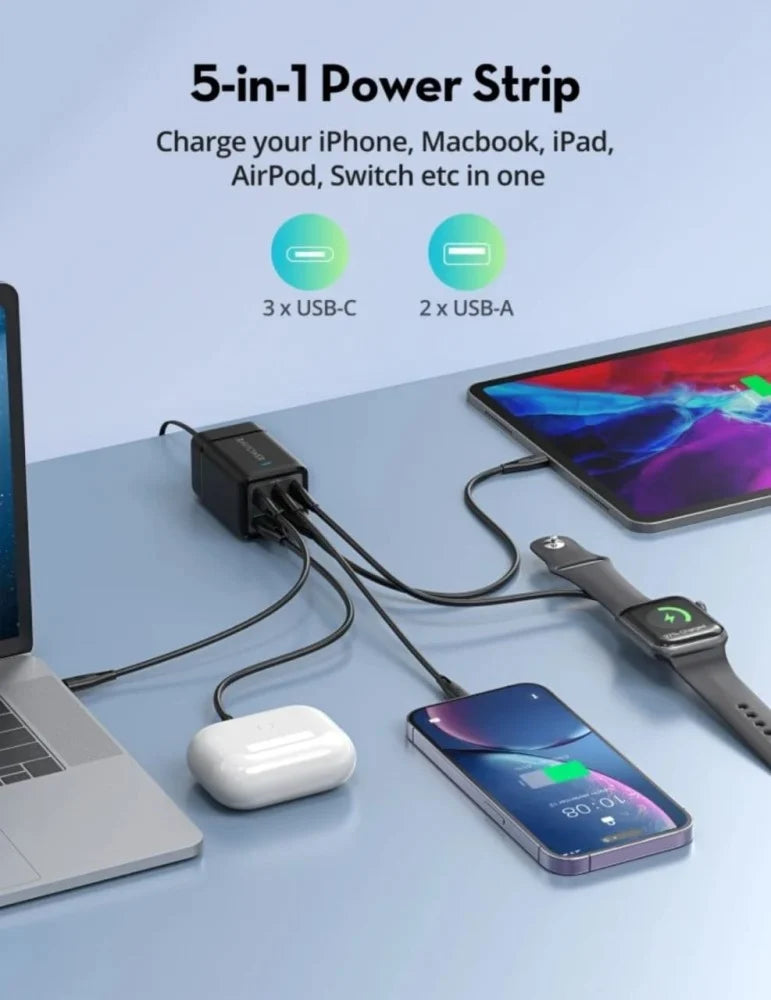 RAVPower RP-PC1045 75W GaN 5-Port Desktop Charger – شاحن مكتبي راف باور 75 واط، 5 منافذ، تقنية GaN،