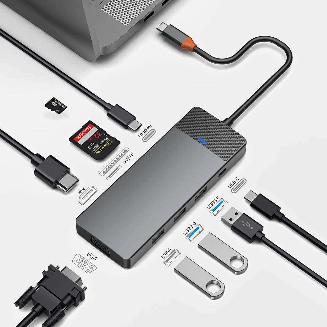 محول ويوو لينكر 9 في 1 بمنفذ تايب سي مع قارئ بطاقات SD/TF - رمادي | WiWU Linker 921 9 in 1 Type-C Hub Laptop Adapter with SD/TF Card Reader – Gray