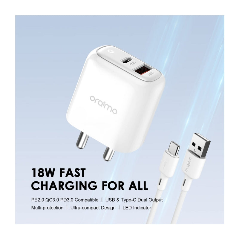 Oraimo Cannon 2 Pro 18W Charger With Micro Cable White - شاحن أورايمو كانون 2 برو 18 واط مع كابل مايكرو أبيض