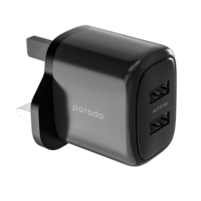 شاحن بورودو مزدوج 12 واط مع منفذي يو اس بي اي مع كيبل لايتننغ بطول 1.2 متر - اسود | Porodo 12W Dual USB-A Wall Charger 2.4A with 1.2M Lightning Cable – Black