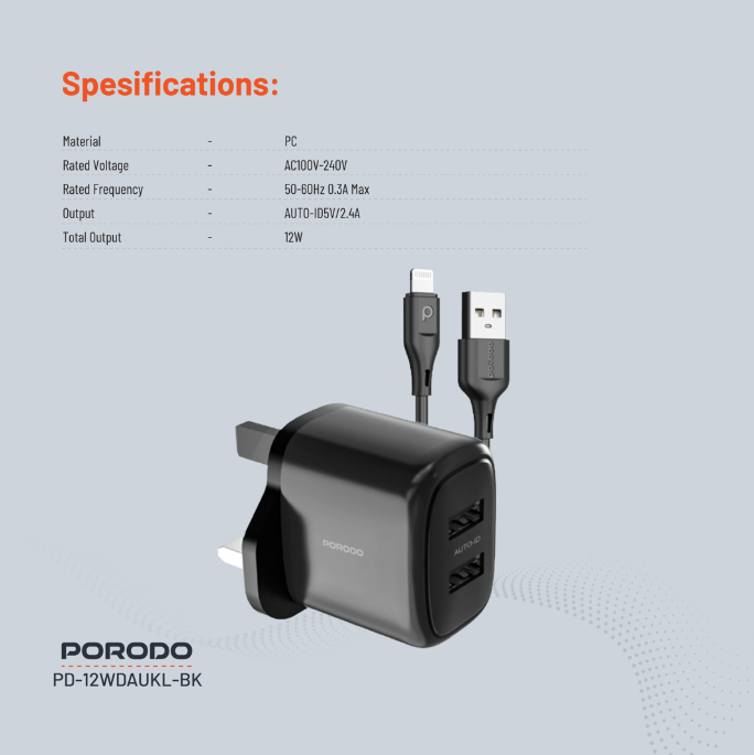 شاحن بورودو مزدوج 12 واط مع منفذي يو اس بي اي مع كيبل لايتننغ بطول 1.2 متر - اسود | Porodo 12W Dual USB-A Wall Charger 2.4A with 1.2M Lightning Cable – Black