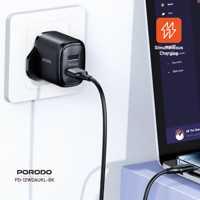 شاحن بورودو مزدوج 12 واط مع منفذي يو اس بي اي مع كيبل لايتننغ بطول 1.2 متر - اسود | Porodo 12W Dual USB-A Wall Charger 2.4A with 1.2M Lightning Cable – Black