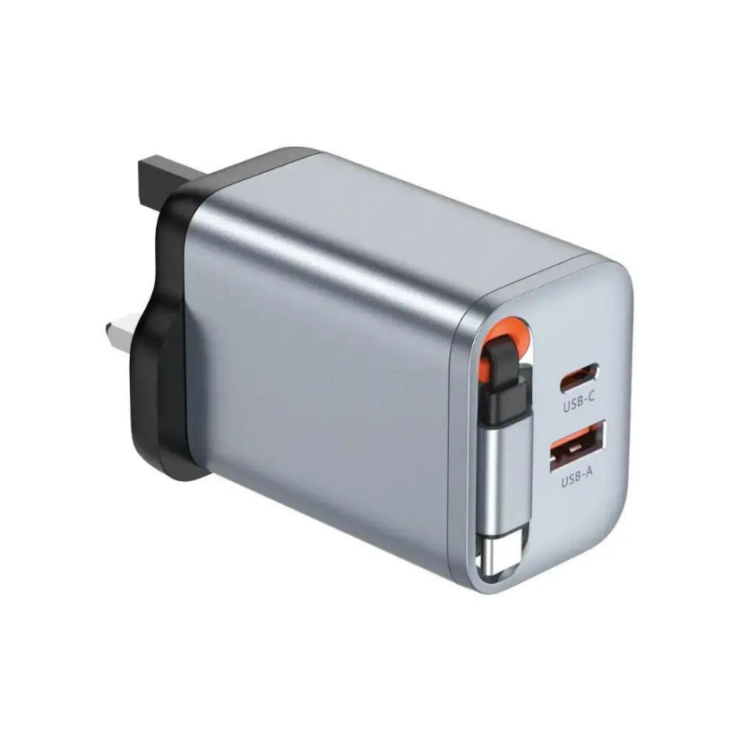 شاحن جداري جرين لايون GaN بريميوم بقدرة 40 واط مع كيبل مدمج - رمادي | Green Lion GaN Premium UK Plug Wall Charger 40W - Gray