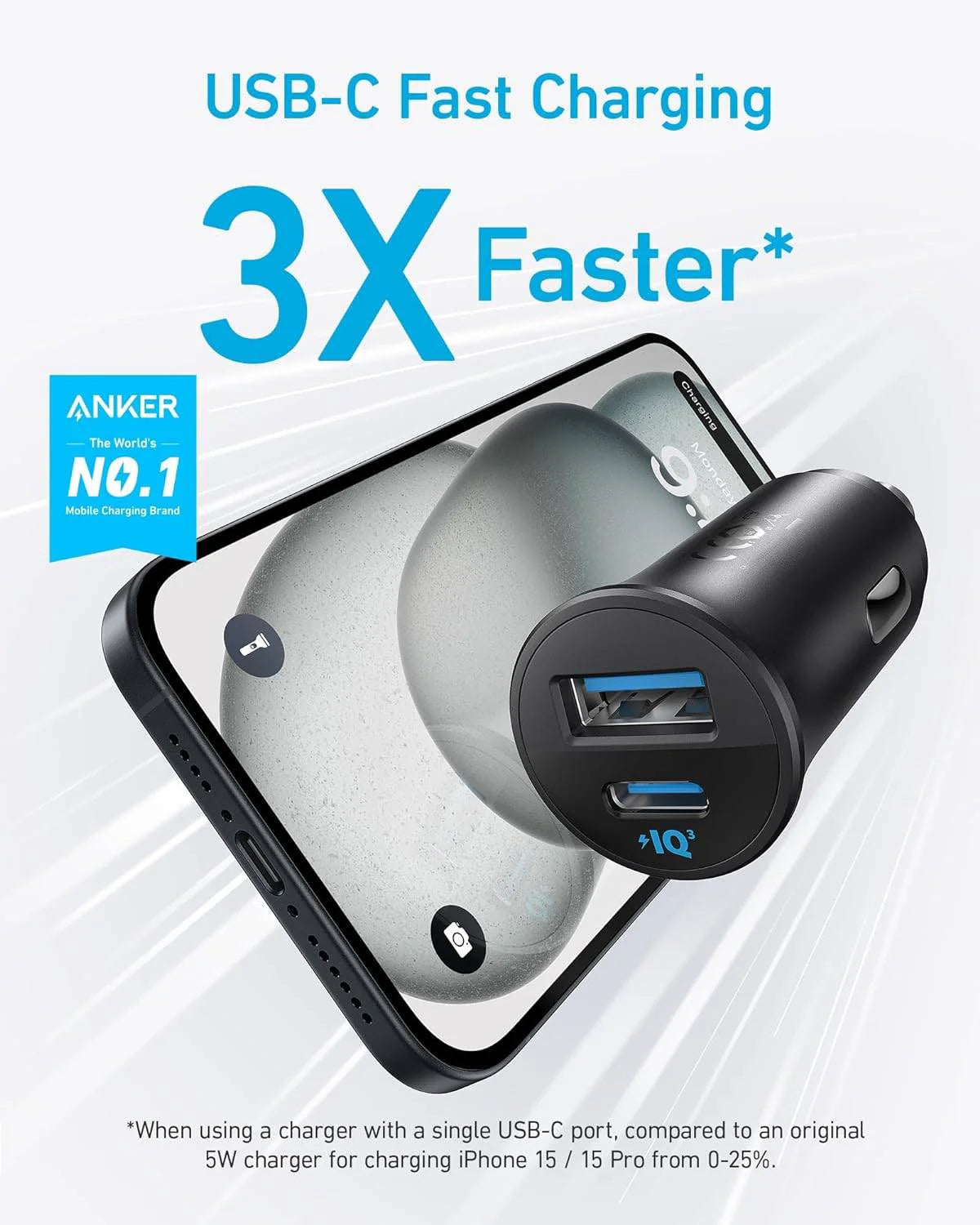 شاحن سيارة أنكر بقدرة 30 واط, بمنفذي يو اس بي سي و يو اس بي اي | Anker 30W Car Charger – Dual Port USB-C & USB-A