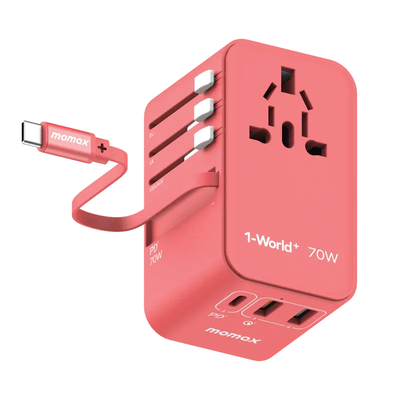 Momax 1-World+ 70W GaN 3-Port Charger with Built-in USB-C Cable - شاحن GaN موماكس 1-world بلس بقدرة 70 واط, شاحن سفر عالمي ب 3 منافذ مع كيبل USB-C