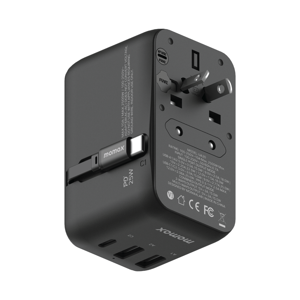 Momax World+ 25W 3-Port Charger with Built-in USB-C Cable + AC Travel Adapter - شاحن موماكس ورلد بلاس بقدرة 25 واط – شاحن سفر عالمي بـ3 منافذ وكابل USB-C مدمج مع محول طاقة AC