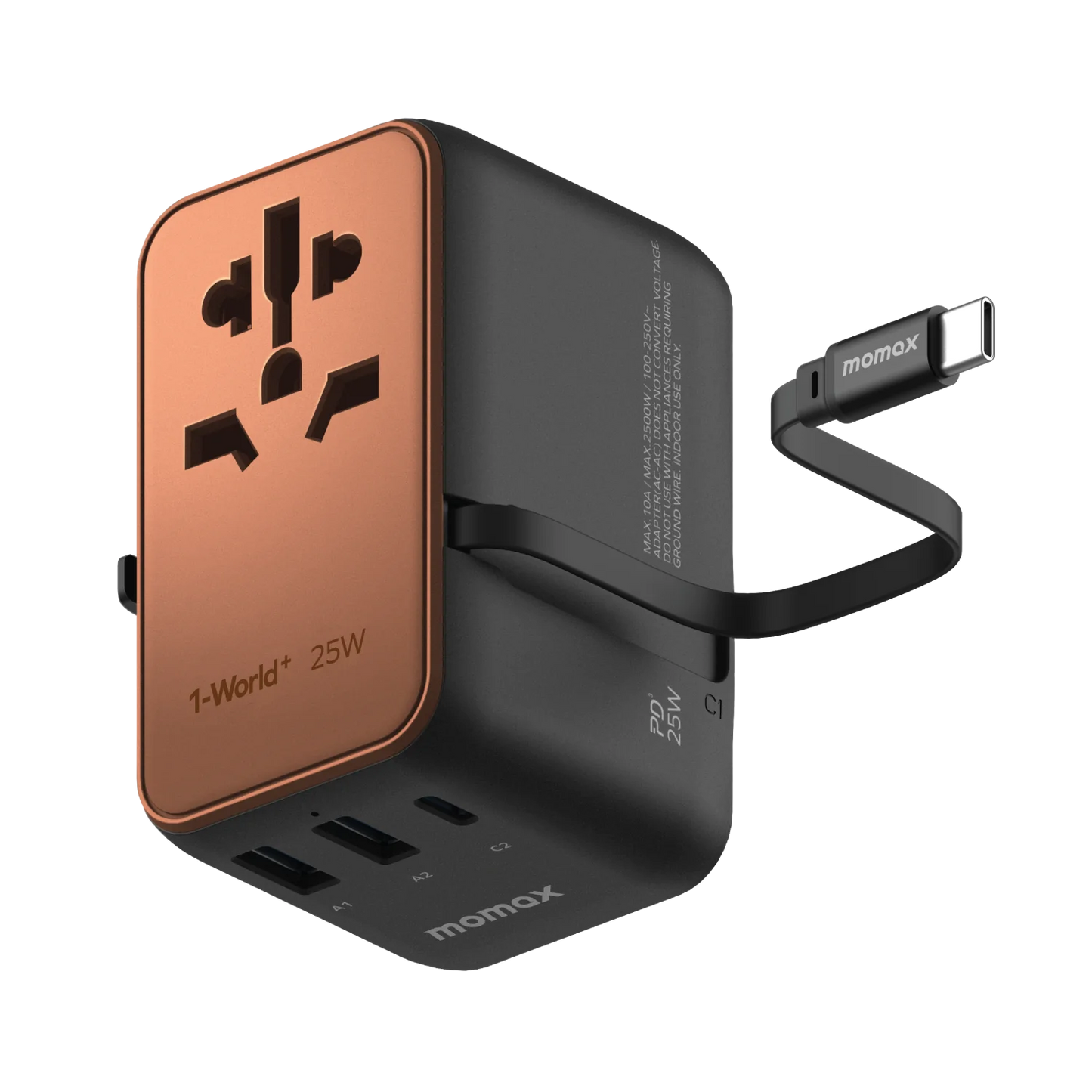 Momax World+ 25W 3-Port Charger with Built-in USB-C Cable + AC Travel Adapter - شاحن موماكس ورلد بلاس بقدرة 25 واط – شاحن سفر عالمي بـ3 منافذ وكابل USB-C مدمج مع محول طاقة AC
