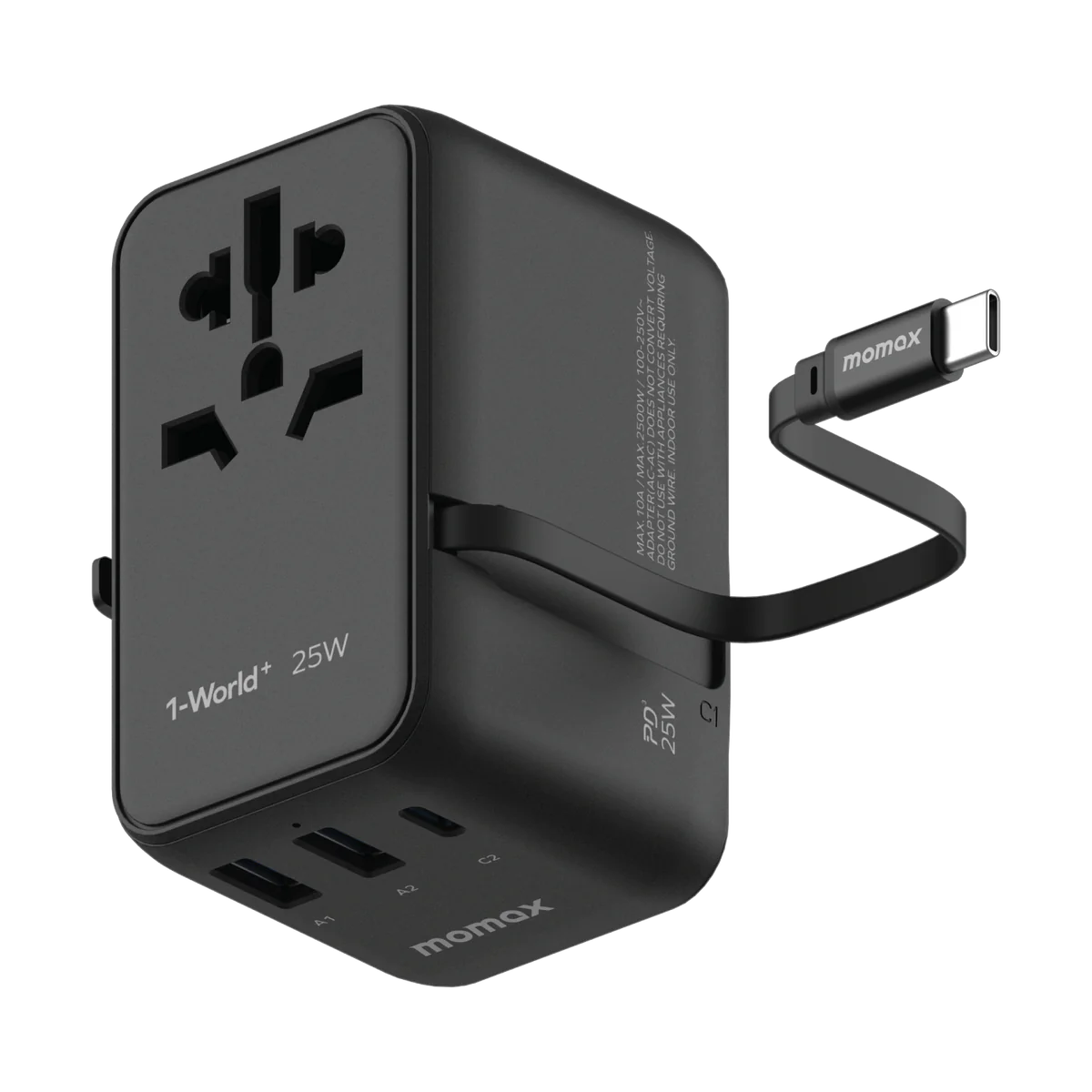 Momax World+ 25W 3-Port Charger with Built-in USB-C Cable + AC Travel Adapter - شاحن موماكس ورلد بلاس بقدرة 25 واط – شاحن سفر عالمي بـ3 منافذ وكابل USB-C مدمج مع محول طاقة AC