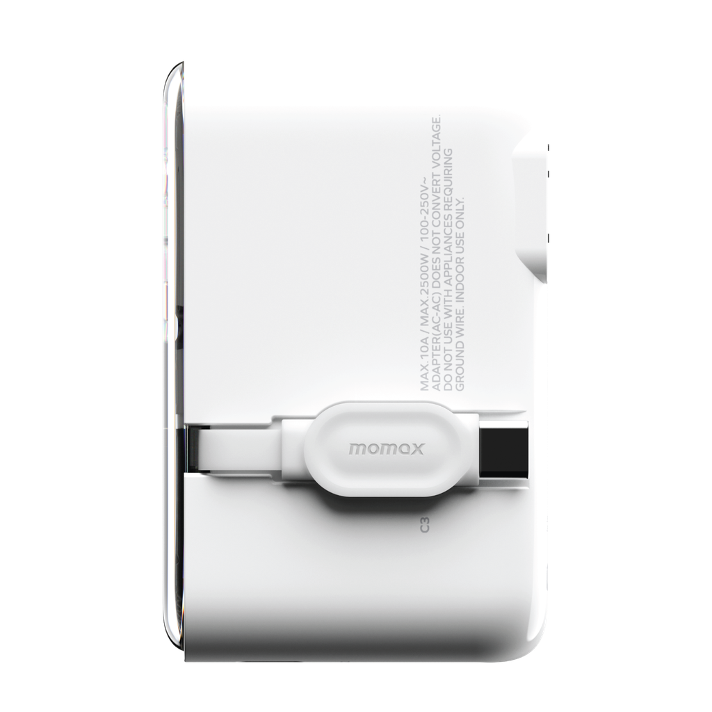 Momax World+ Flow 35W 4-Port Charger with Built-in USB-C Cable + AC Travel Adapter - شاحن موماكس ورلد بلاس فلو بقدرة 35 واط – شاحن سفر عالمي بـ4 منافذ وكابل USB-C مدمج مع محول طاقة AC