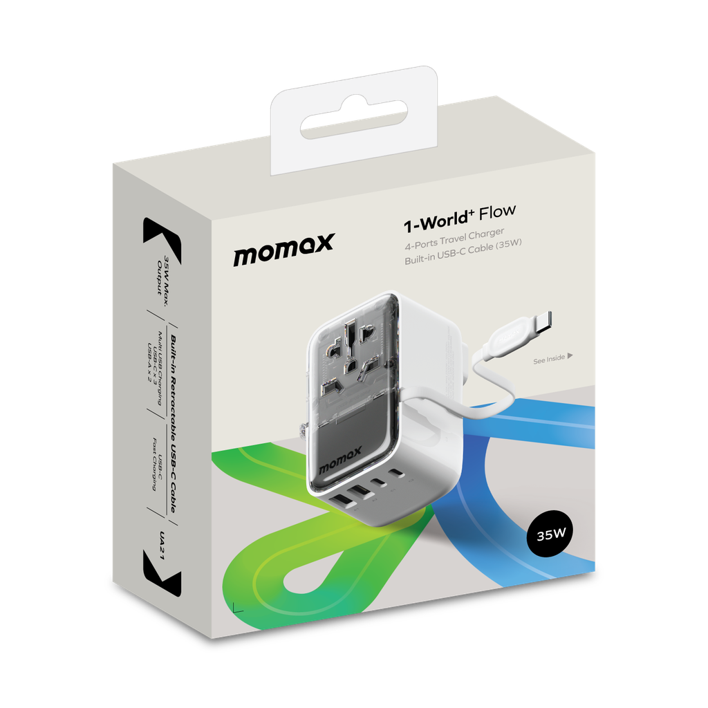 Momax World+ Flow 35W 4-Port Charger with Built-in USB-C Cable + AC Travel Adapter - شاحن موماكس ورلد بلاس فلو بقدرة 35 واط – شاحن سفر عالمي بـ4 منافذ وكابل USB-C مدمج مع محول طاقة AC