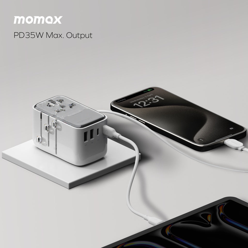 Momax World+ Flow 35W 4-Port Charger with Built-in USB-C Cable + AC Travel Adapter - شاحن موماكس ورلد بلاس فلو بقدرة 35 واط – شاحن سفر عالمي بـ4 منافذ وكابل USB-C مدمج مع محول طاقة AC