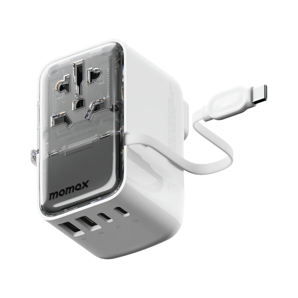 Momax World+ Flow 35W 4-Port Charger with Built-in USB-C Cable + AC Travel Adapter - شاحن موماكس ورلد بلاس فلو بقدرة 35 واط – شاحن سفر عالمي بـ4 منافذ وكابل USB-C مدمج مع محول طاقة AC
