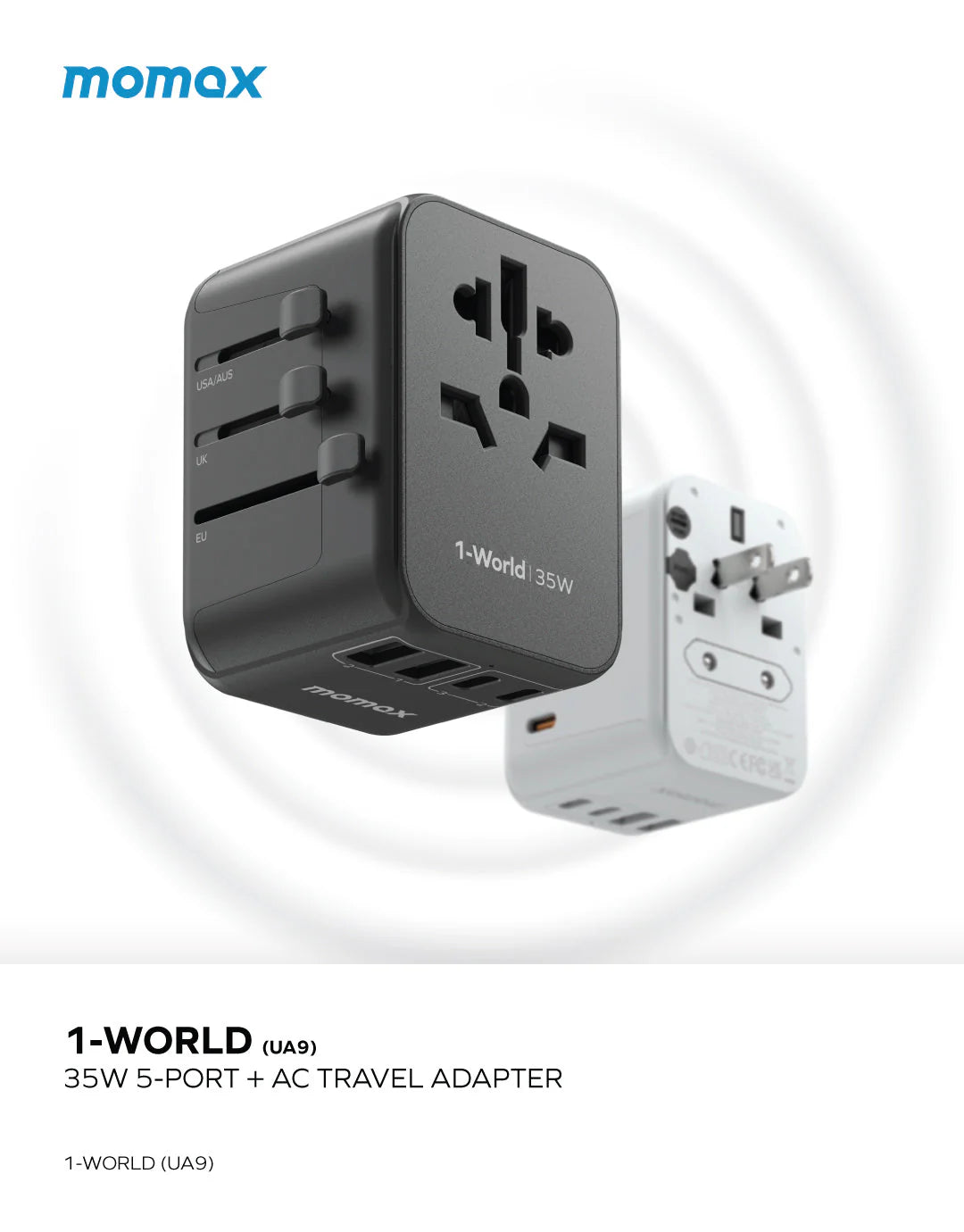 Momax 1-World PD 35W 5-Port Charger with AC Travel Adapter - شاحن موماكس 1-World PD بقدرة 35 واط, شاحن عالمي للسفر ب 5 منافذ ومحول طاقة AC
