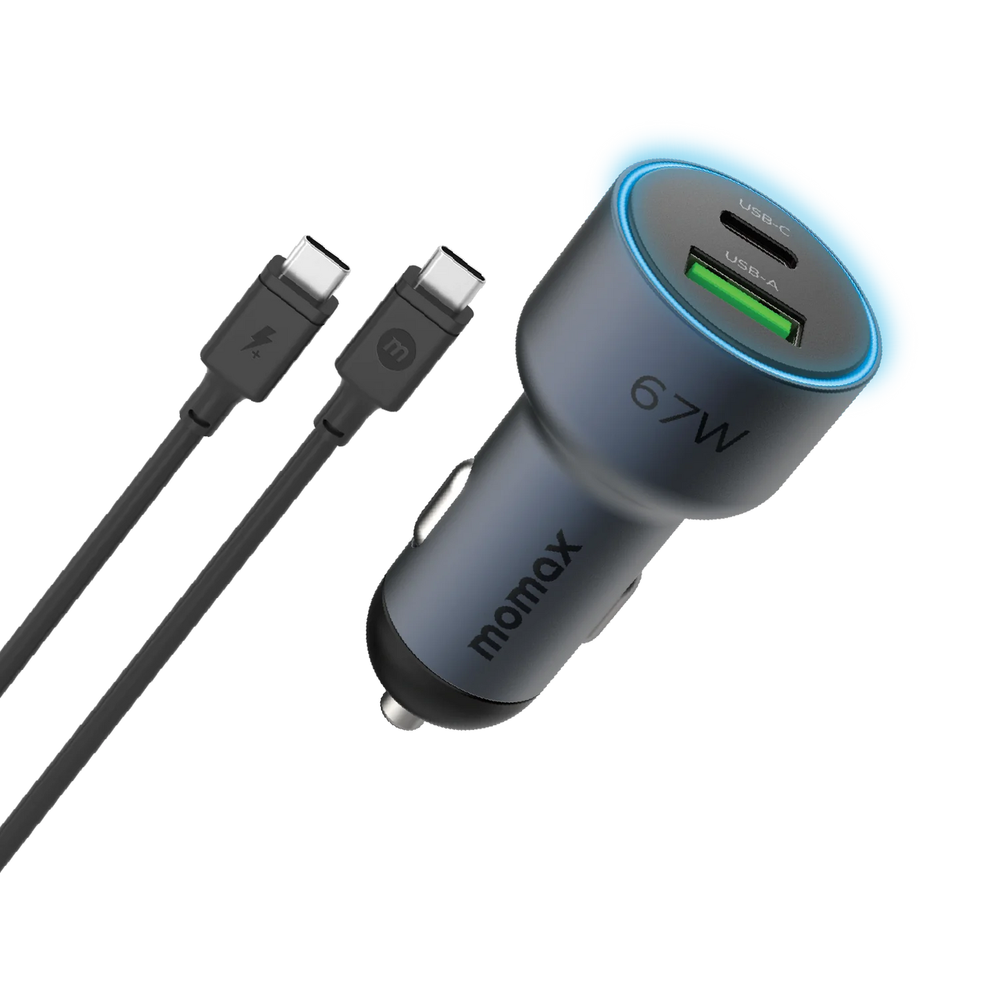 Momax MoVe 67W Dual-Port Car Charger with USB-C to USB-C Cable - شاحن سيارة موماكس موف بقوة 67 واط بمنفذين وكيبل USB-C إلى USB-C