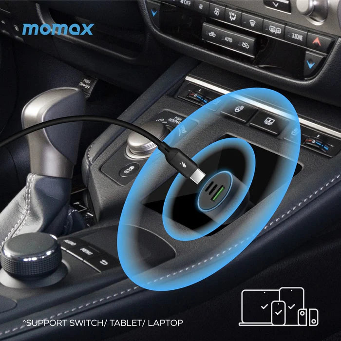Momax MoVe 3-Port Car Charger 100W -شاحن سيارة بمنفذ يو اس بي ومنفذين يو اس بي سي من موماكس