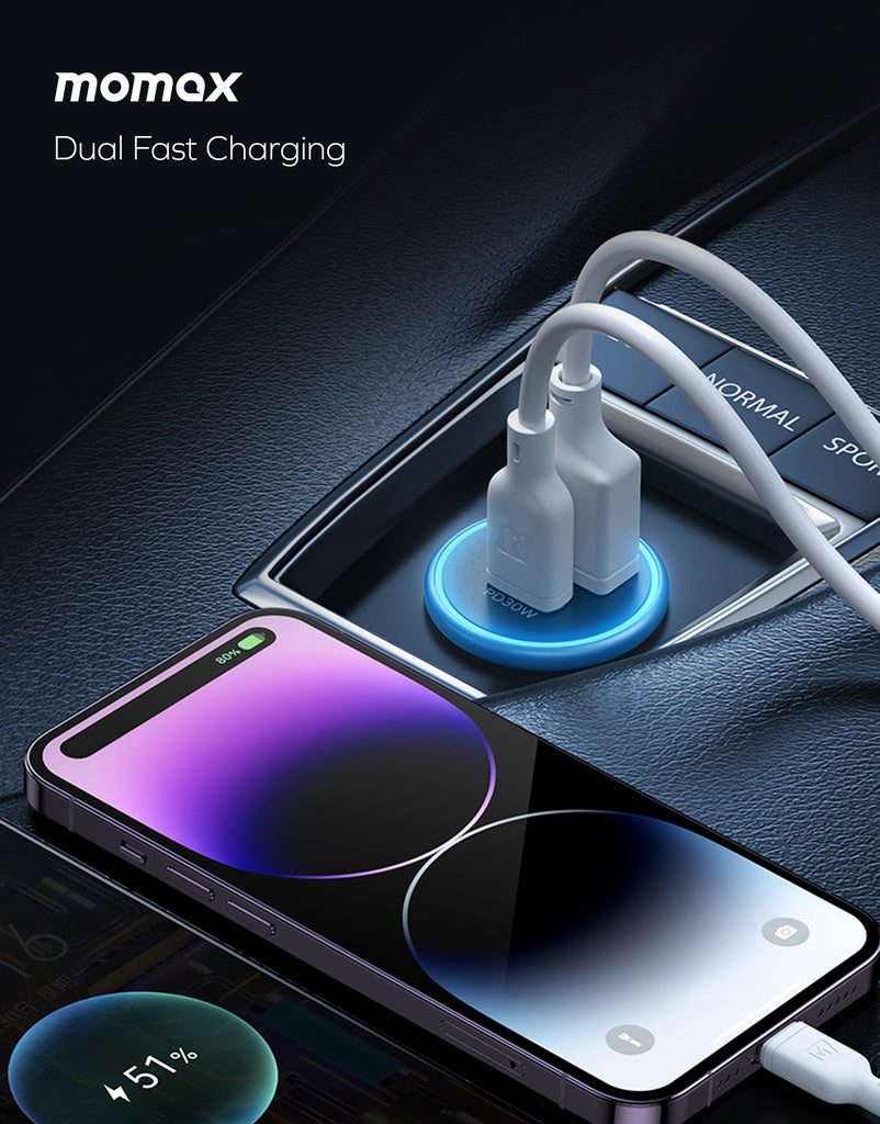 Momax MoVe 30W Dual-Port Fast Car Charger - شاحن سيارة موماكس موف مزدوج المنافذ بقوة 30 واط – شحن سريع