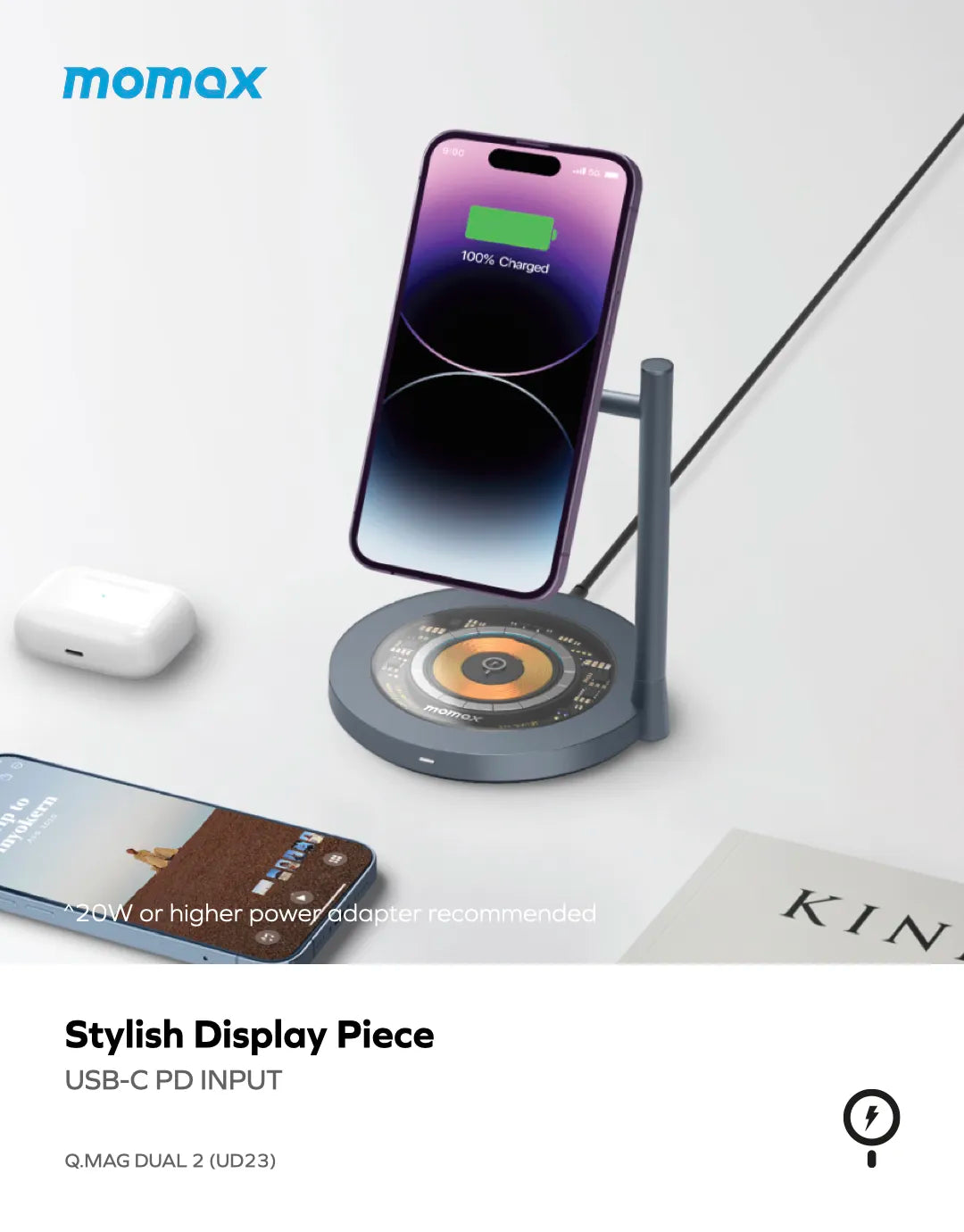 Momax Q.Mag Dual 2 Dual Magnetic Wireless Charging Stand - شاحن وايرليس موماكس كيو ماج دوال 2, حامل شحن لاسلكي مزودج مغناطيسي